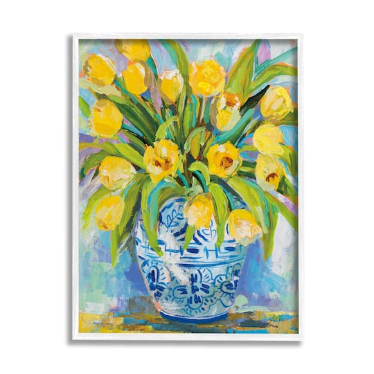 Stupell Industries Expressive Yellow Tulips in Ornate Blue Vase Painting Framed Wall Art